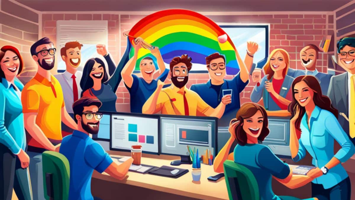 cartoon of employees cheering in front of computers with rainbow over top