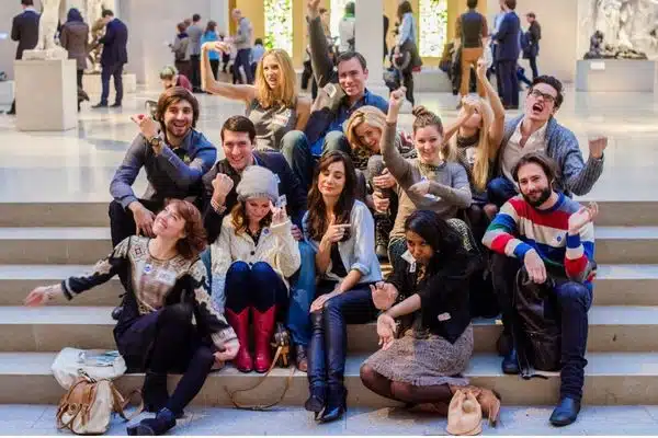 a group sitting on steps