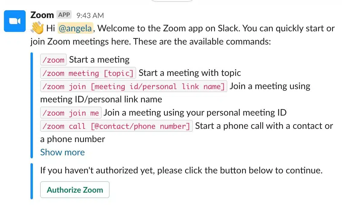 Screenshot of Zoom slack app