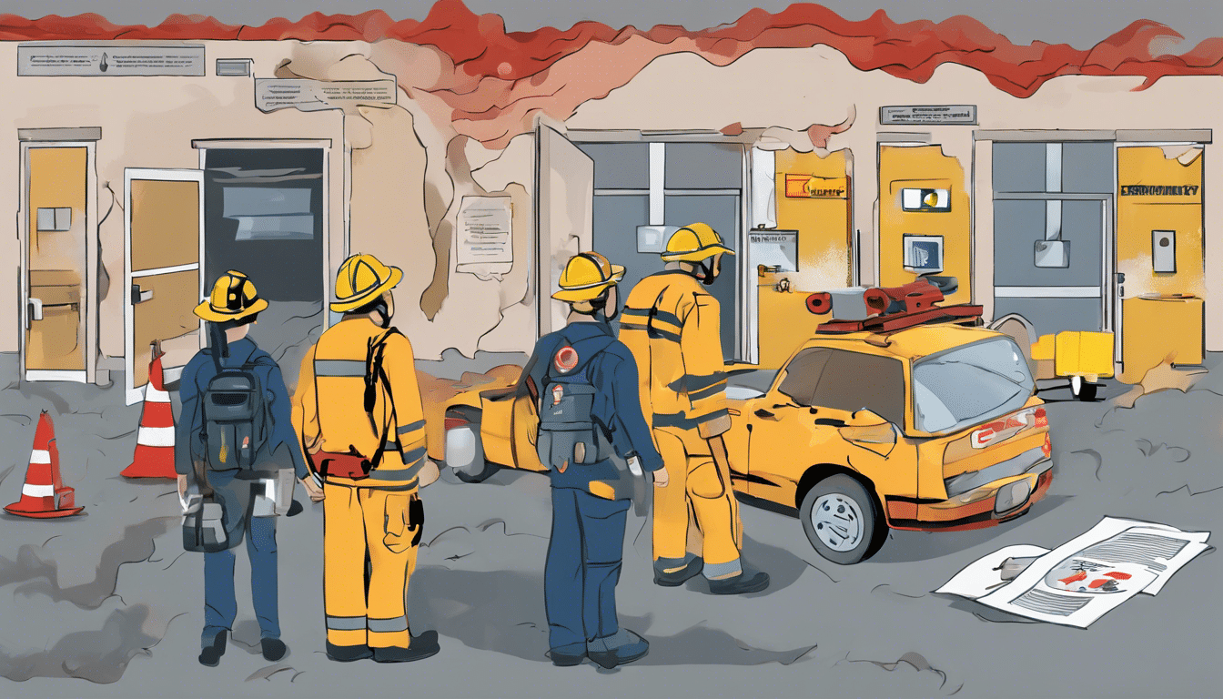 cartoon of firefighters outside of a burning building