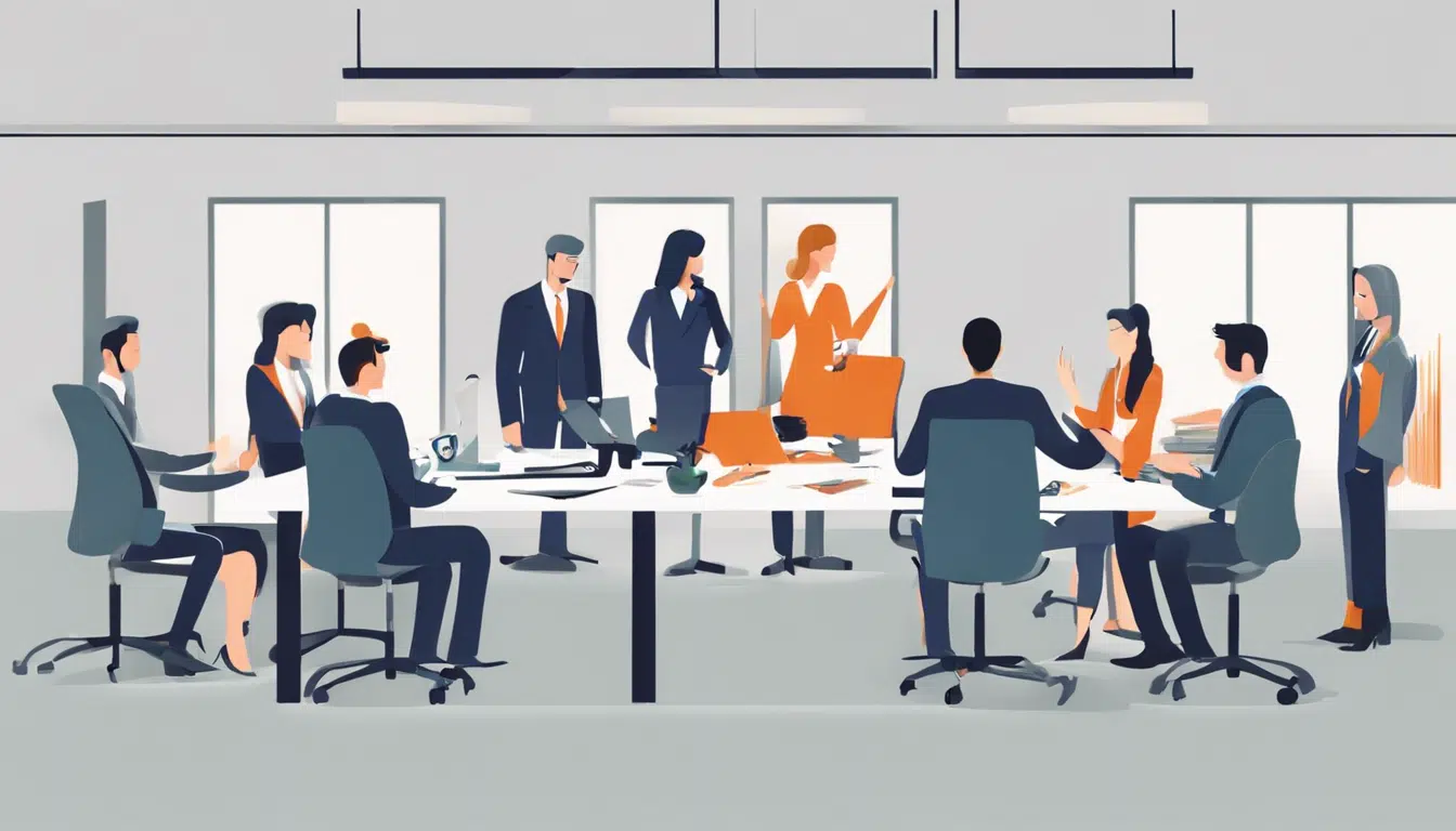 cartoon of professionals in smart business attire in a meeting room