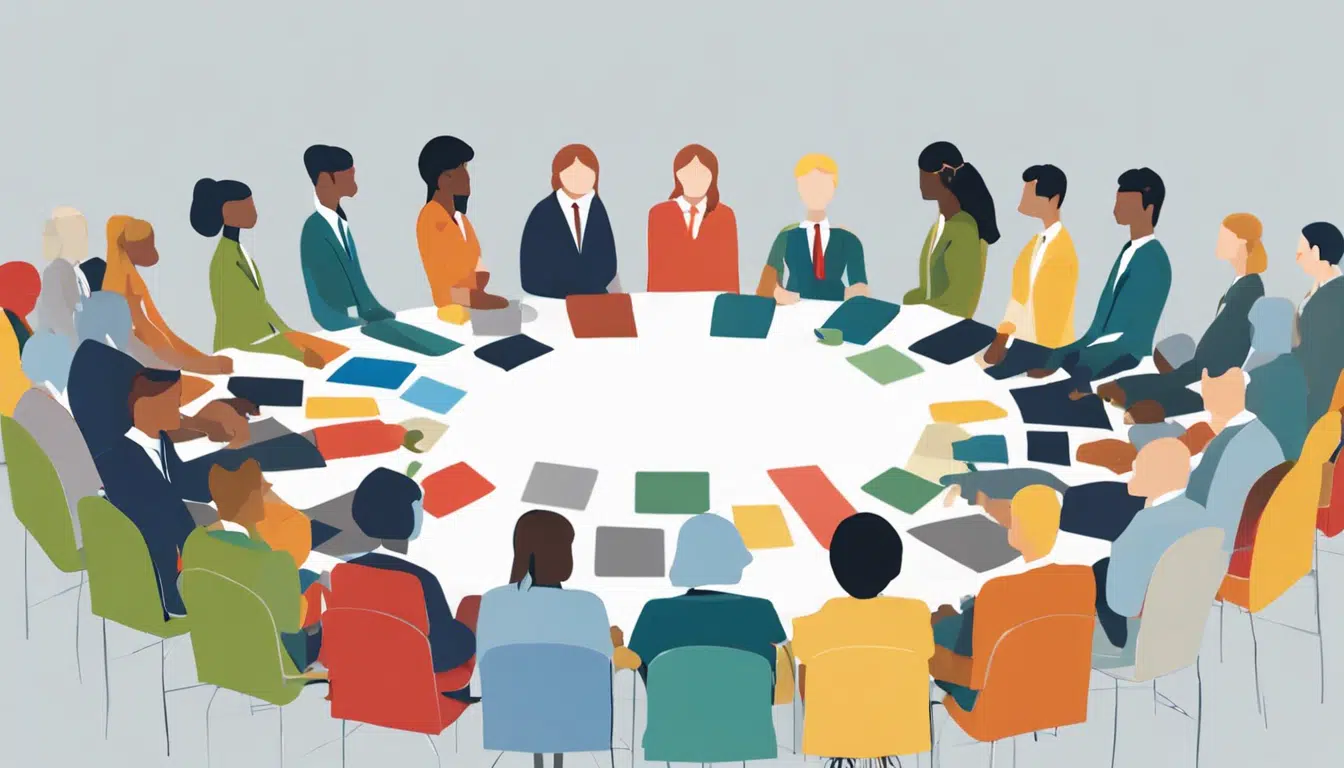 cartoon of multicultural professionals in colorful suits sitting around a table with colorful folders in front of them