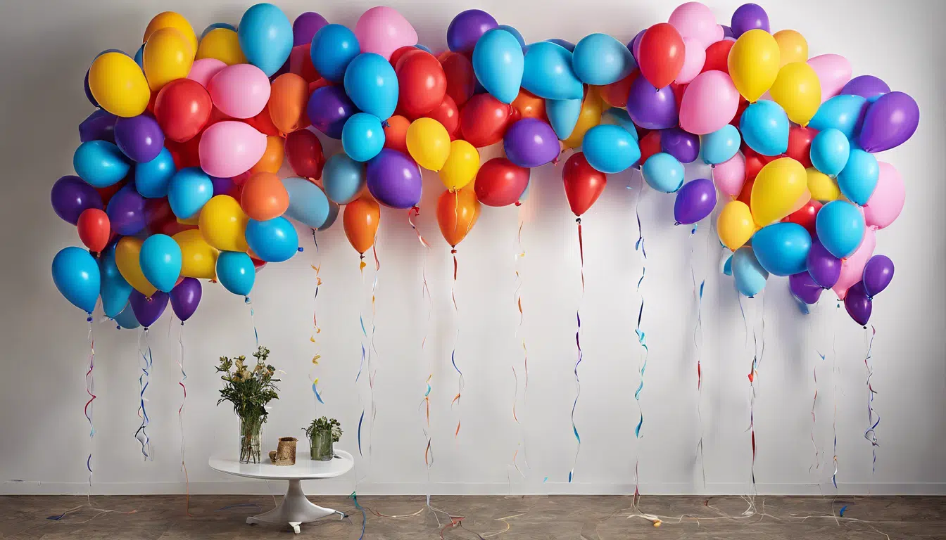 Colorful balloons floating against a wall