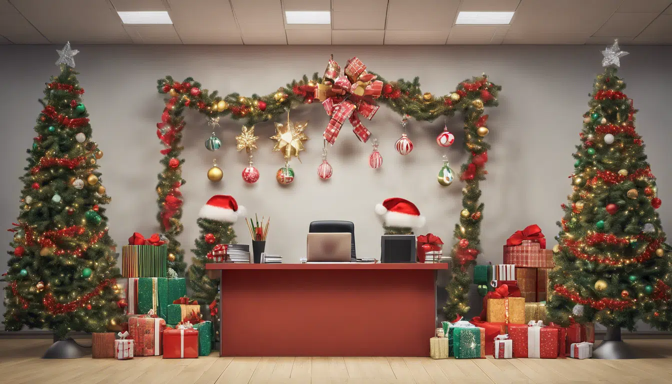 photo of an office decked out in Christmas decorations, with two trees, a garland, and presents and ornaments and santa hats