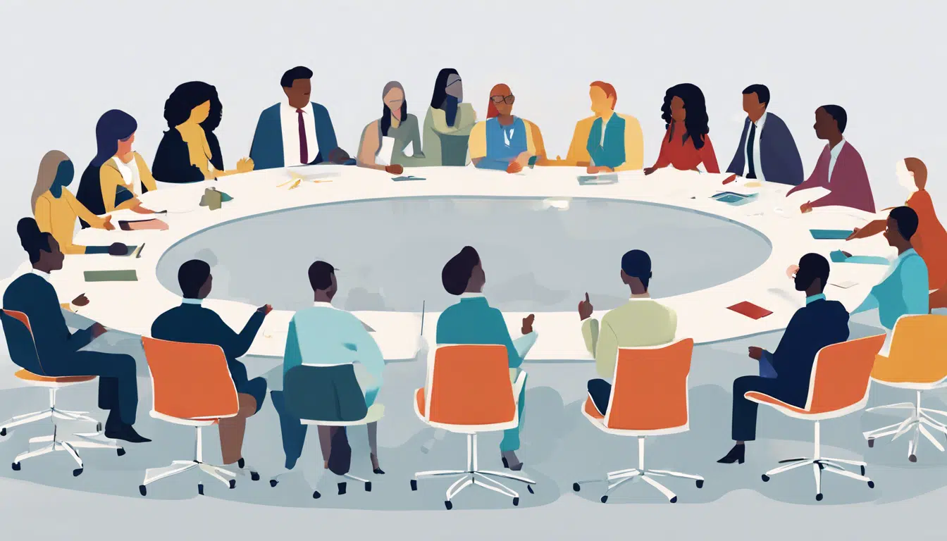 cartoon of multicultural professionals gathered around a circular conference room table, mid meeting