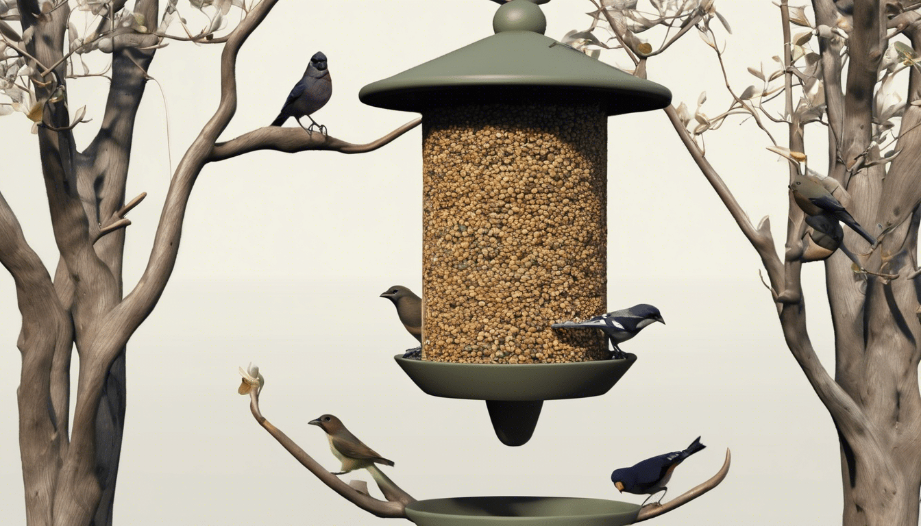 graphic of birds perched around a full hanging bird feeder, with branches in the background