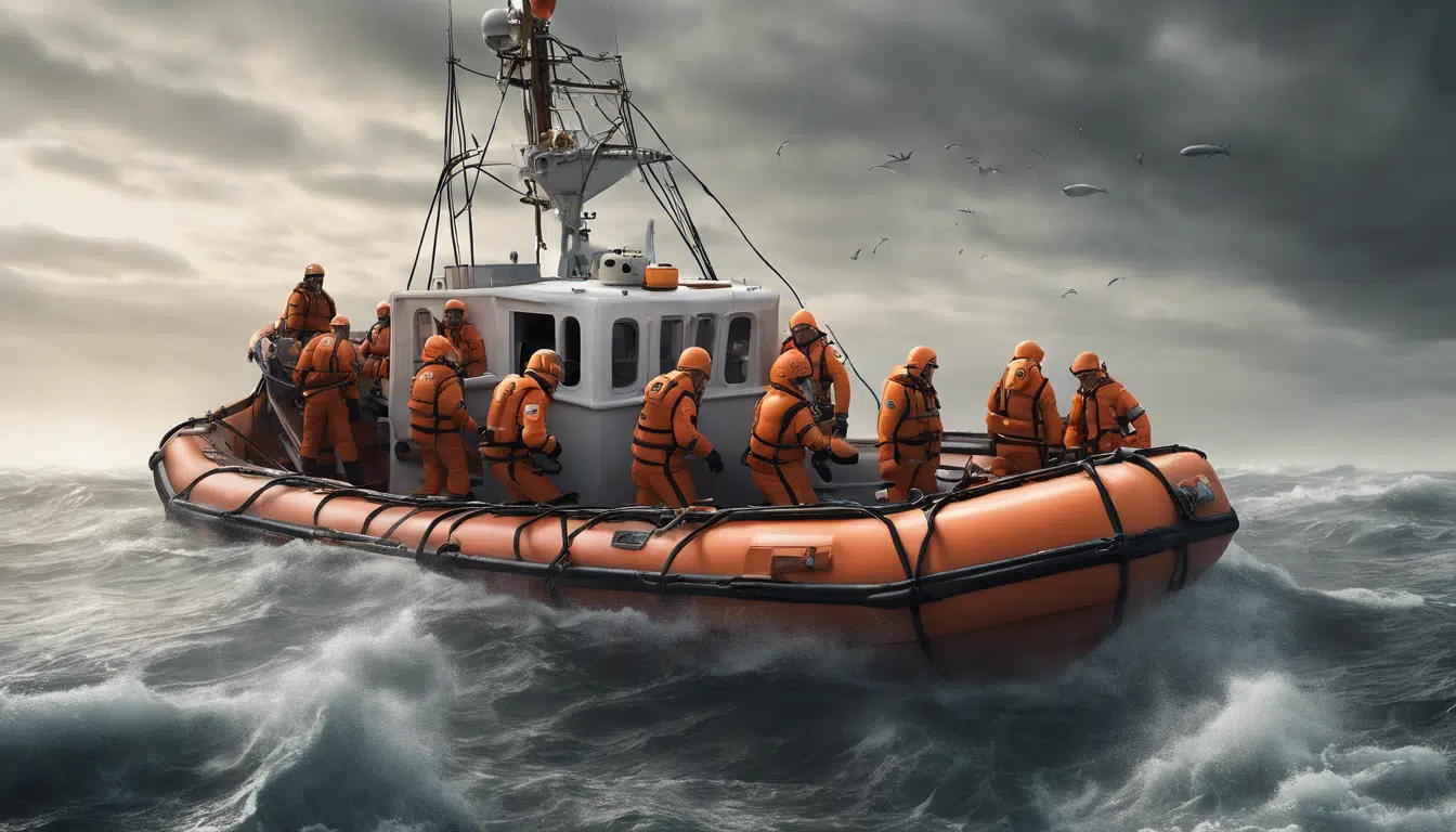 graphic of a crew in orange suits on a life raft on a story sea