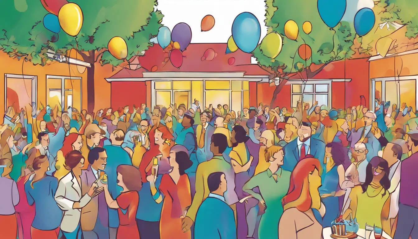 cartoon of a big colorful outdoor party with balloons floating to the sky