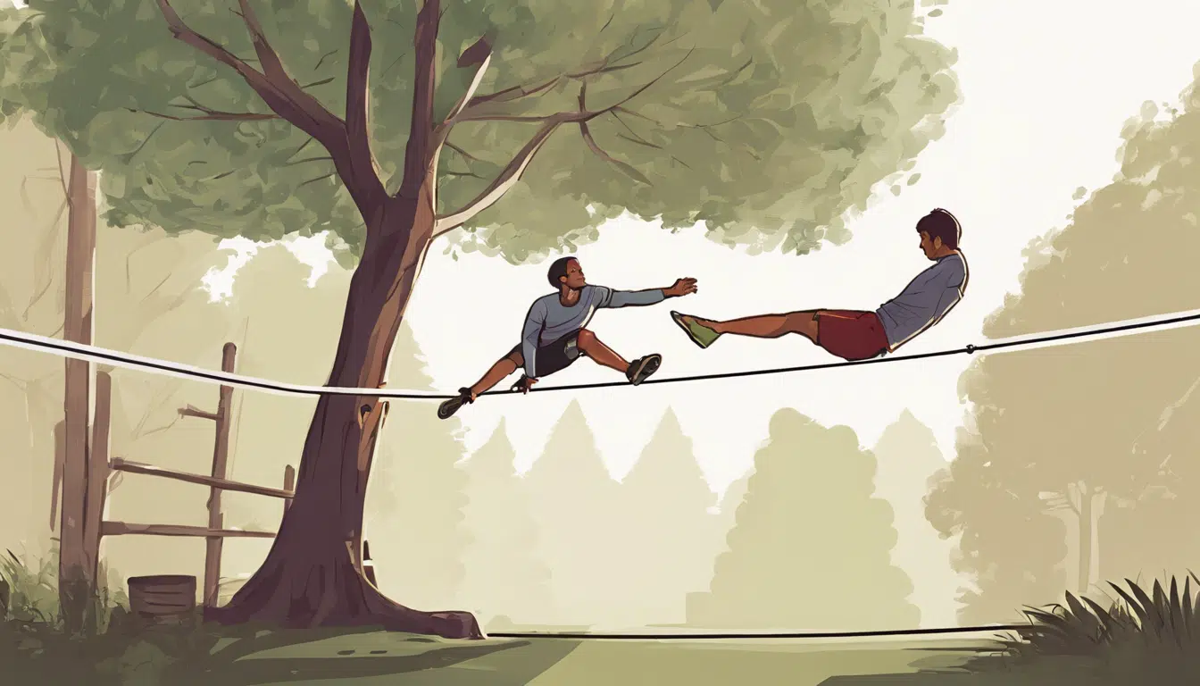 Cartoon of two figures on a tightrope in a forest