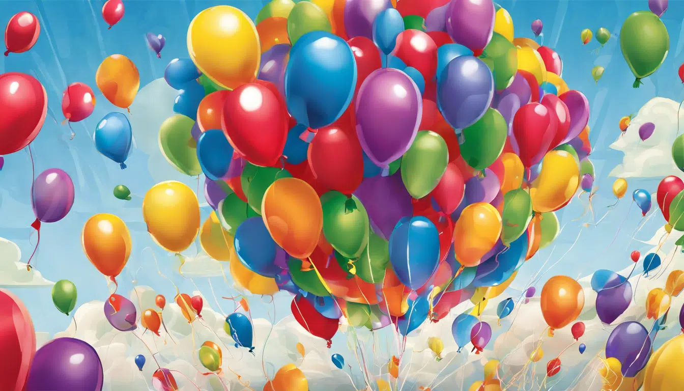 Cartoon of colorful big bunch of balloons floating up to the sky.