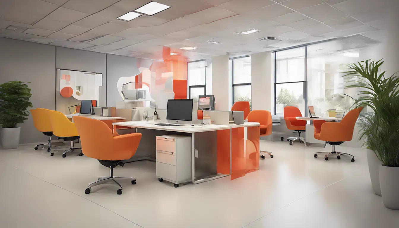 graphic of an office space with open floor plan and orange chairs